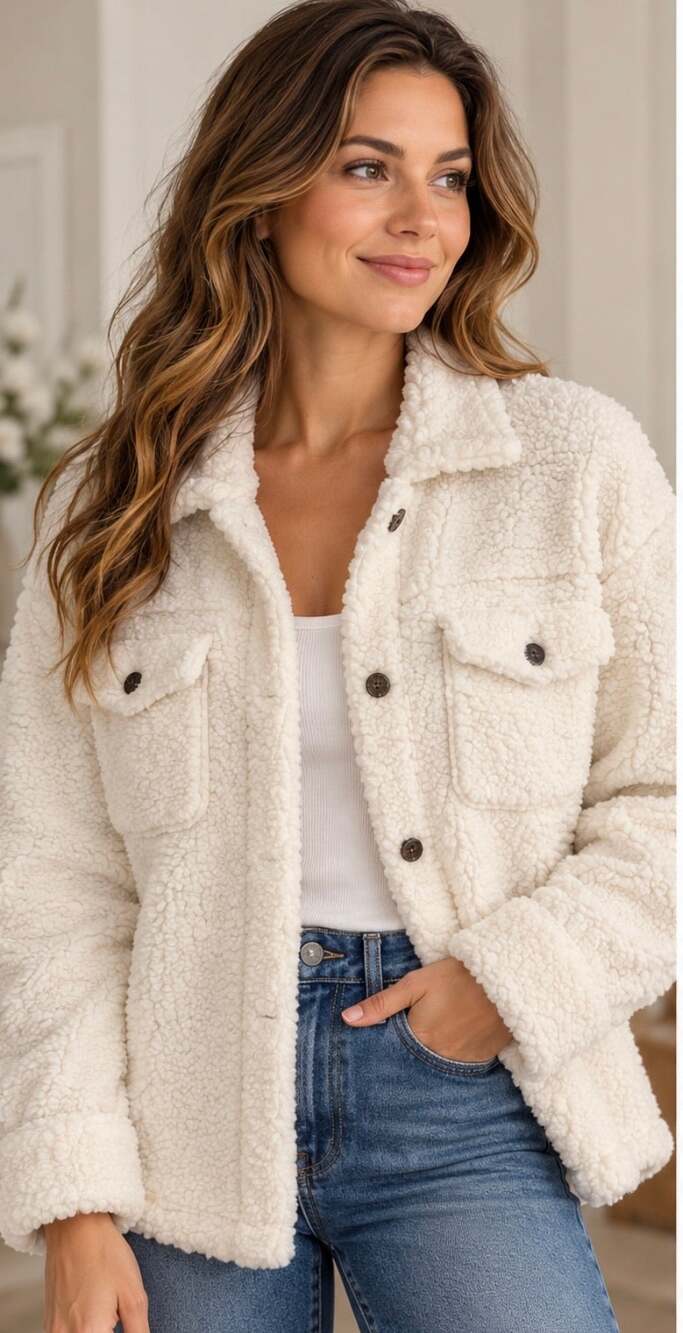 32 Degrees Heat Ivory Sherpa Teddy Fleece Button Up Shacket XS/S